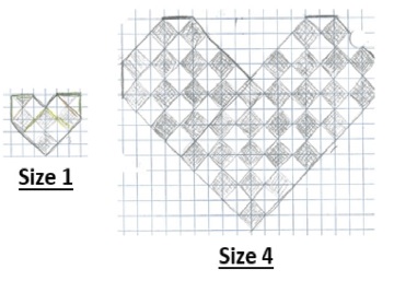 Two different sized pencil diagrams of woven cedar hearts