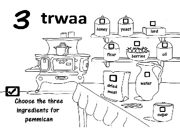 image of nine ingredients with the text 3 trwaa and the prompt choose the three ingredients for pemmican